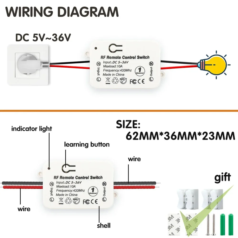 433mhz RF Wireless Remote Control Switch DC 6V 12V 24V 30V 36V 1Ch Relay Receiver and 2 Button Transmitter with Cover for Led