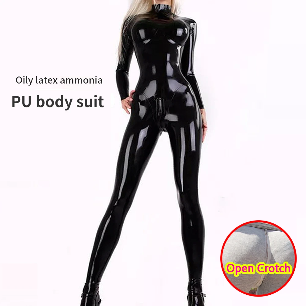 5XL Sexy Open Crotch Bodysuits PU Latex Black Back Zipeer High Collar Jumpsuit One Piece Clothing Skinny Stage Clubwear