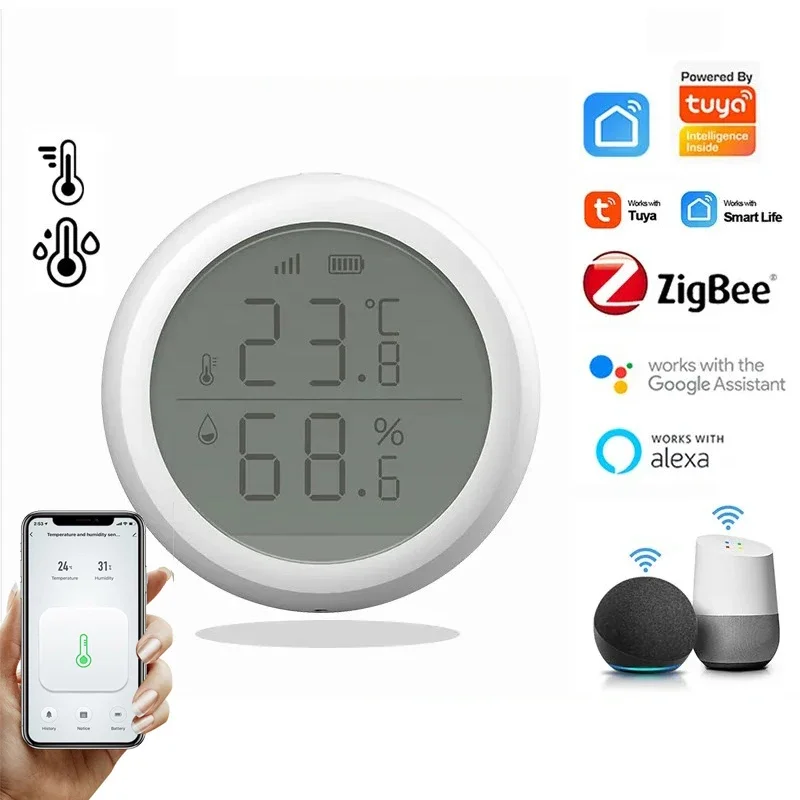 Tuya-Zigbee Sensor de Temperatura e Umidade, Casa Inteligente, Detector de Doodle, Tela LED