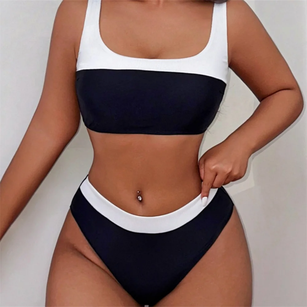 Sexy schwarzer Bikini weiß Y2K Patchwork Kordelzug rückenfrei Tankini Badeanzug Push Up Urlaub Bademode Frauen Strand Schwimmen Outfit