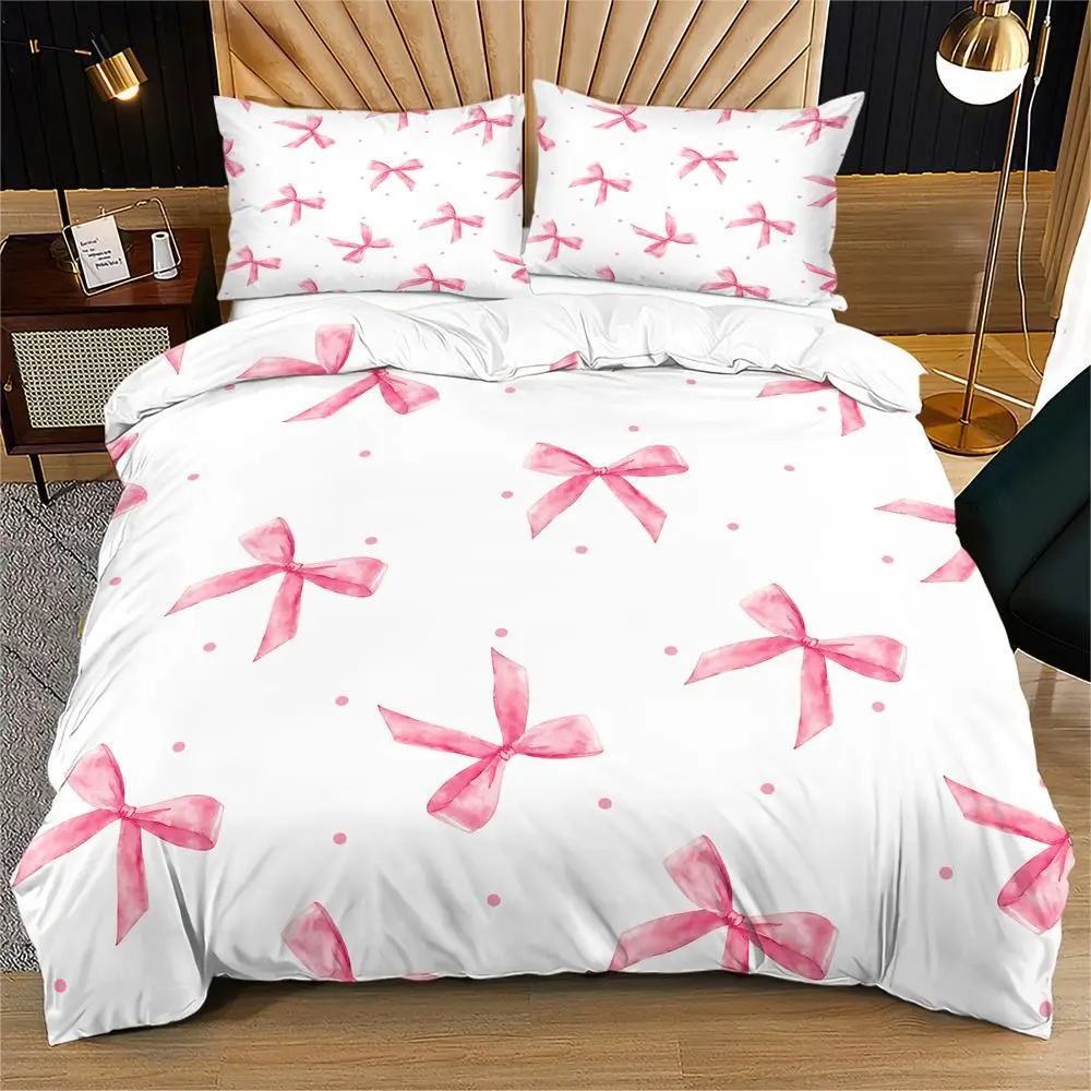 Bowknot Duvet Cover Set Watercolor Polka Dot Print Bedding Set Soft Microfiber Bed Clothes for Girls Bedroom Home Decor