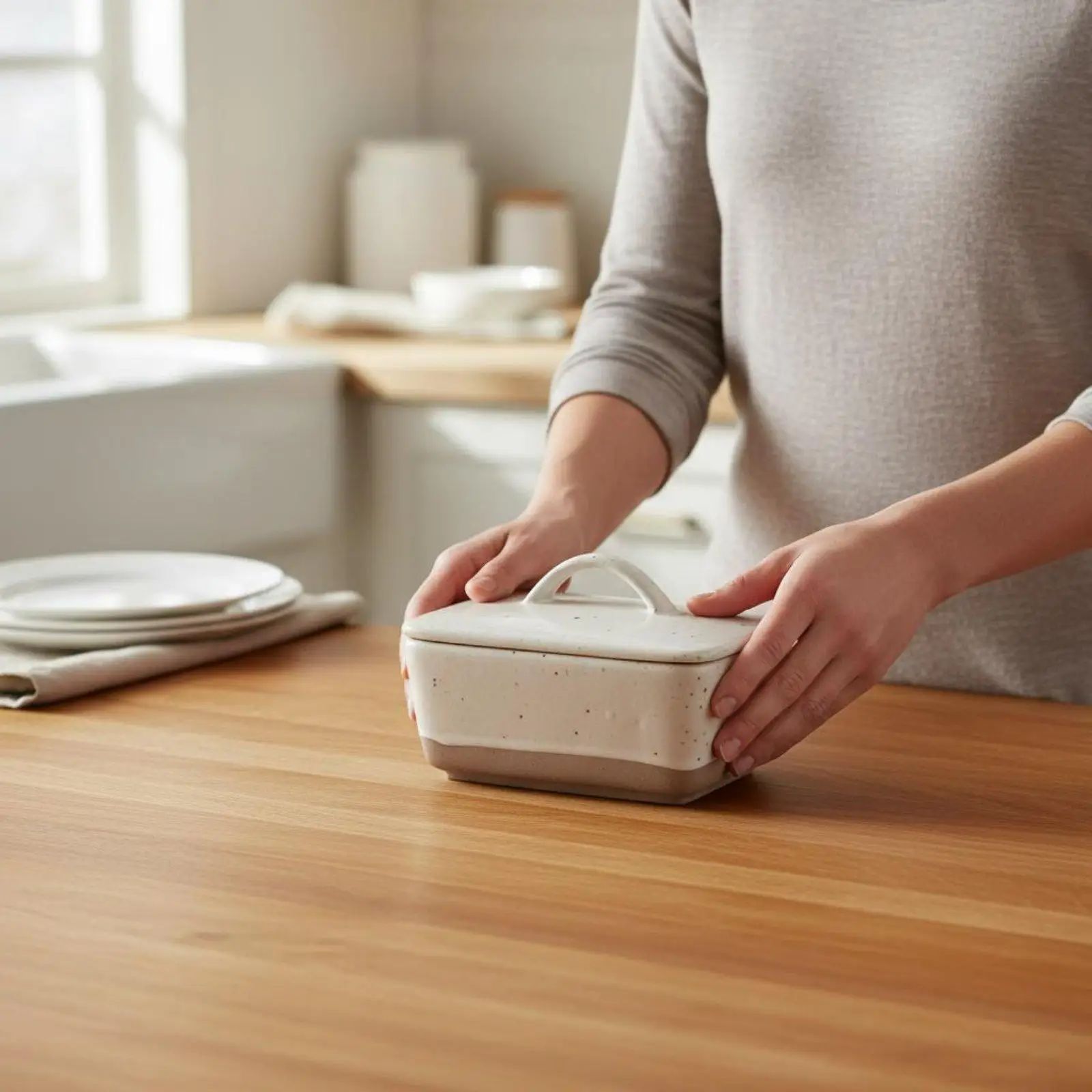 Ceramic Butter Dish with Lid Bi-Color Finish Rectangular Butter Container