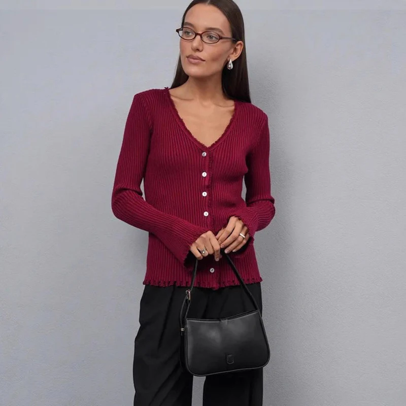 

Tornova Элегантный свитер-кардиган женский однобортный вязаный топ с v-образным вырезом шикарный тонкий расклешенный свитер с длинными рукавами пальто женский новый