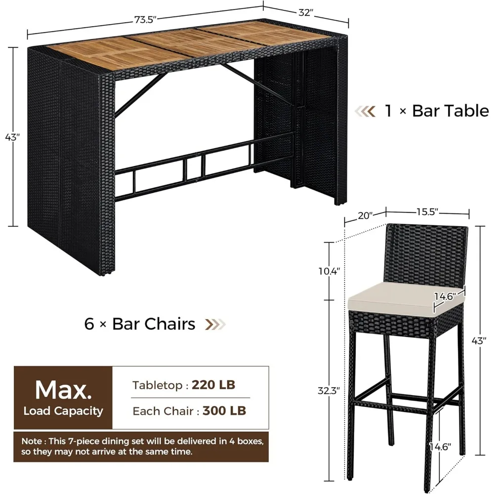 Outdoor Wicker Bar Table and Chairs Set, 7-Piece Patio Rattan Dining Furniture Set with Acacia Wood Tabletop, 6 Remov