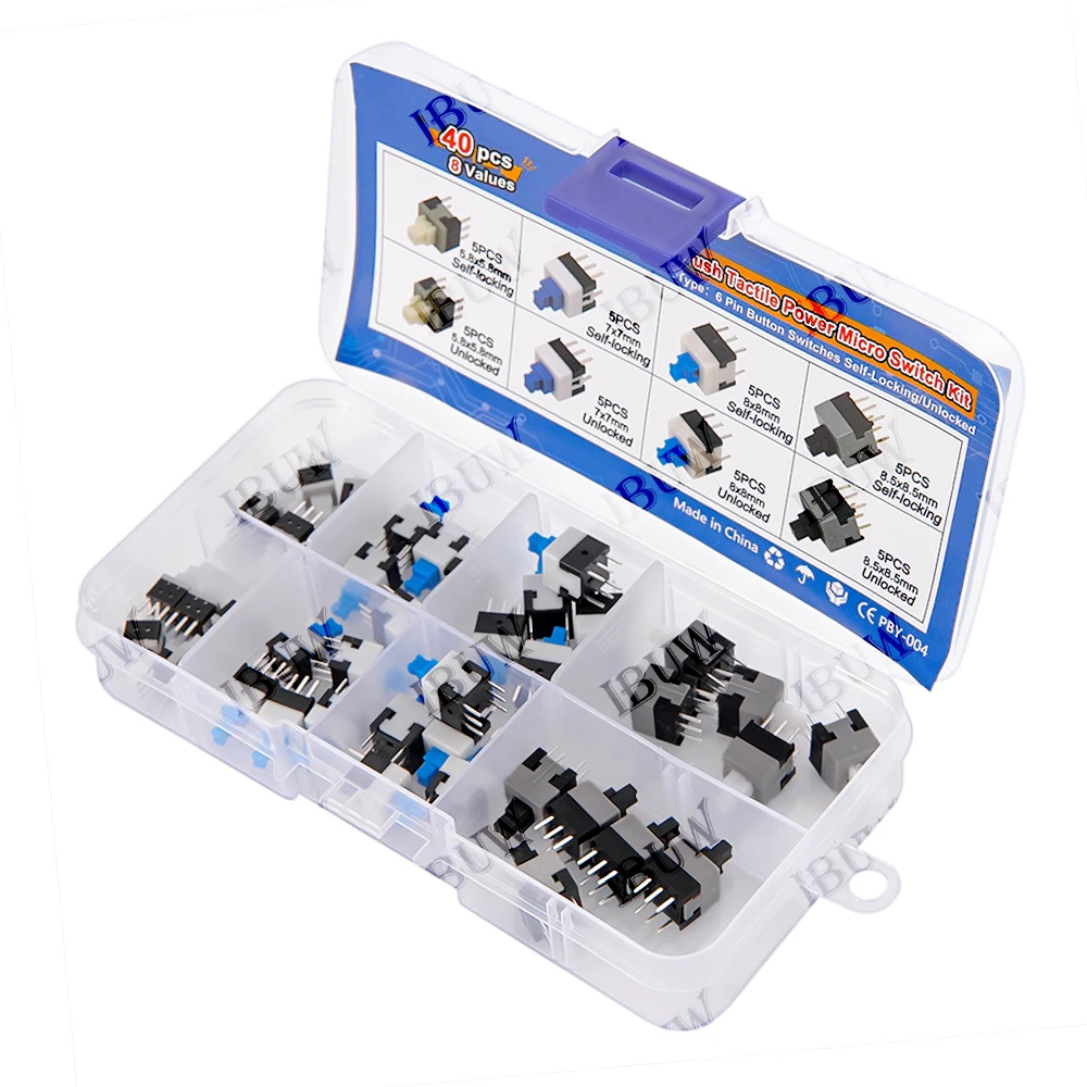 40PCS 8Valuesx5PCS Push Tactile Micro Switch Kit 6Pin Unlocked/Self-Locking for Electronics DIY KIT 8.5*8.5mm 8*8mm 7*7mm