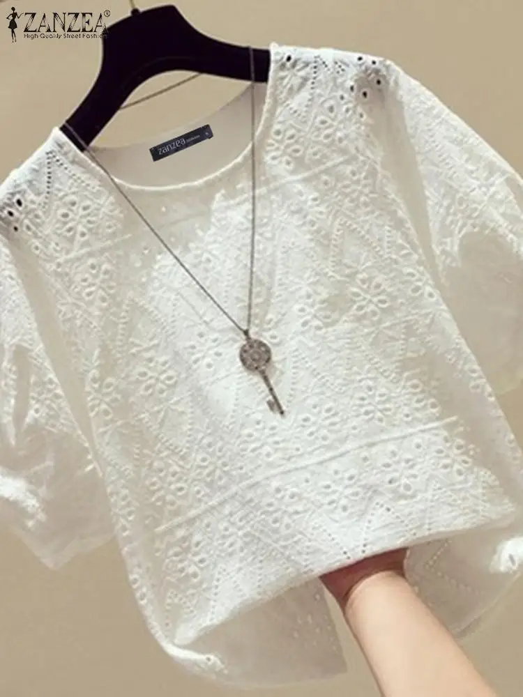 2024 ZANZEA Fashion Lace Crochet Embroidery Blouse Women Casual Work Tops Solid Holiday Blusas Summer Elegant Short Sleeve Shirt