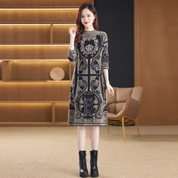 Europe New Women Winter Autumn High Street Fashion Knitted Pullover Striped Sweater Dress Ladies Elegant Dresses vestidos