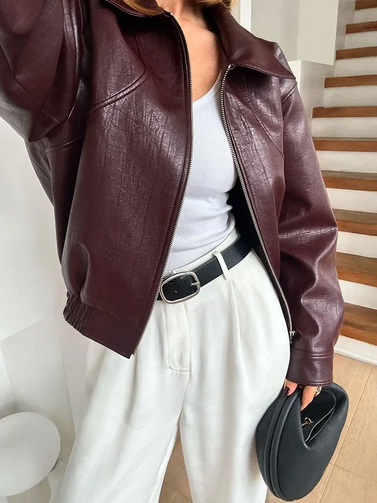 TARUXY Faux Leather Short Jacket For Women Zipper Long Sleeve Lapel Moto Biker Street Coats Female 2024 New Chic Outwear Top