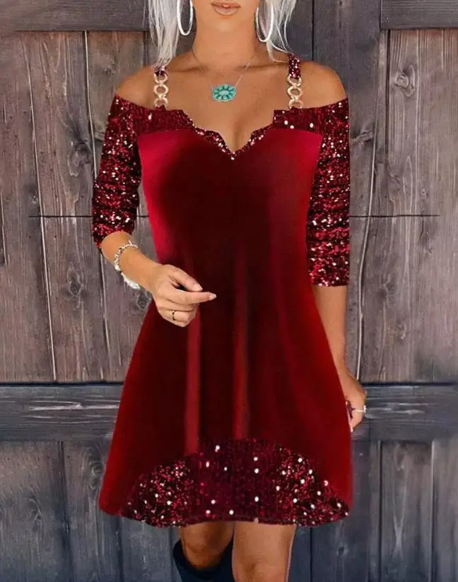 

Womens Dresses 2024 Summer Fashion Contrast Sequin Cold Shoulder Velvet Casual V-Neck Long Sleeve Daily Mini A Line Dress