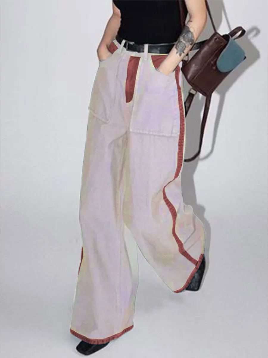 

Женские широкие джинсы с цветными блоками; винтажные, свободные, повседневные, со средней талией, неэластичные, модные, брюки длиной до пола.