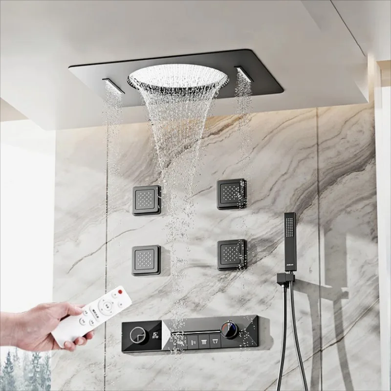 luxury brass gun gray ceiling constant temperature shower system embedded LED digital display bathroom hot&cold water Tap