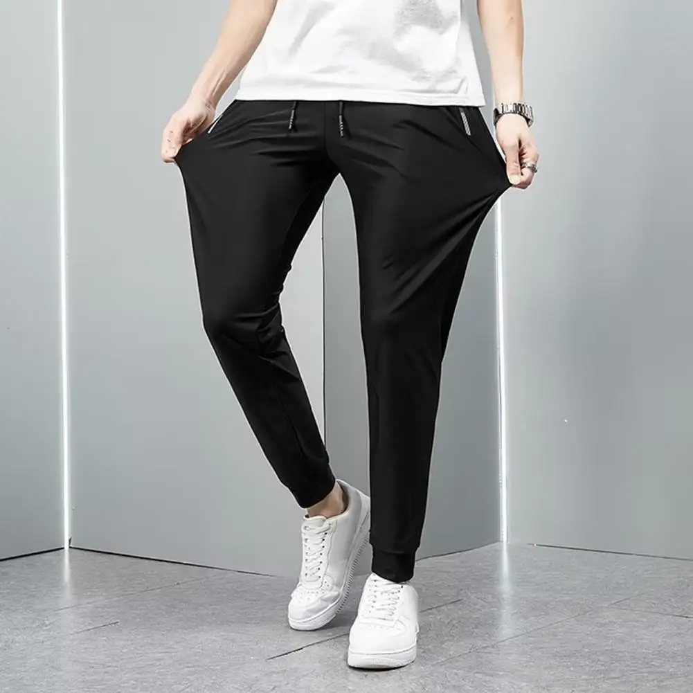 Regular Fit Men Pants Men's Loose Straight Drawstring Ninth Pants with Elastic Waist Pockets Breathable Ankle Length for Wear