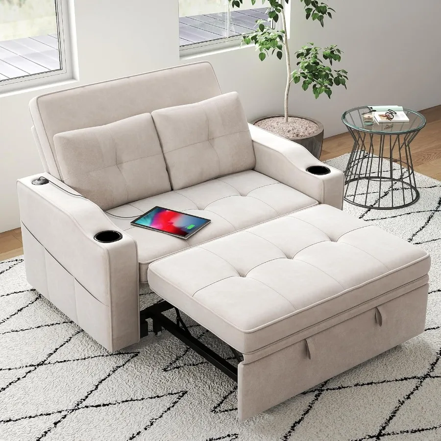 3-In-1 Loveseat Sofa Bed For Small Spaces, Chenille Fabric In Gray, Compact Convertible Design With Easy Pull-Out Mechanism