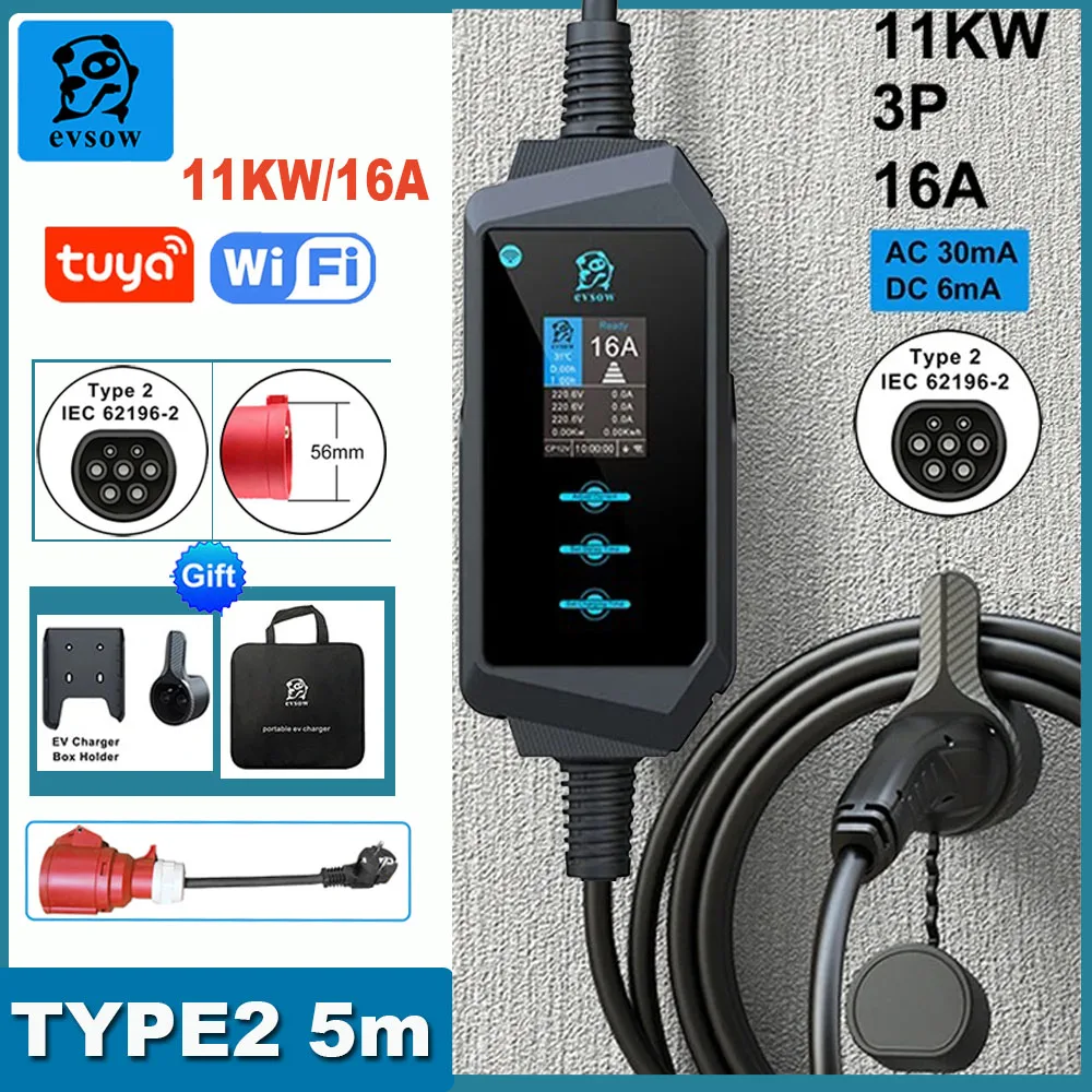 

evsow Tuya WIFI Electric Car Charger Type2 11kw 16A Portable EV Charger 3 Phase Fast Electric Charging Cable EV Charger Wallbox