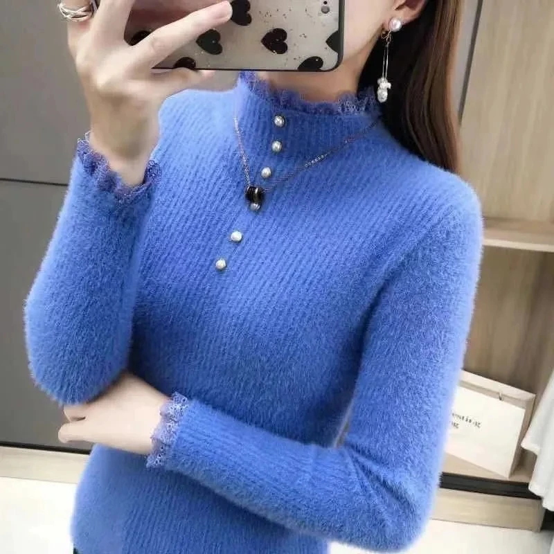 Imitation Nerz halben Roll kragen pullover Strick oberteile Spitze schlanke dicke Strick pullover weiche Botoming Pullover Herbst Winter Frauen Pullover