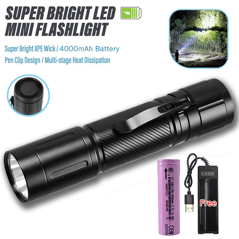 

1200LM Aluminum Alloy Flashlight Ultra Bright Long Range Tactical Torch with Pen Clip,21700 Battery Outdoor Emergency Lantern