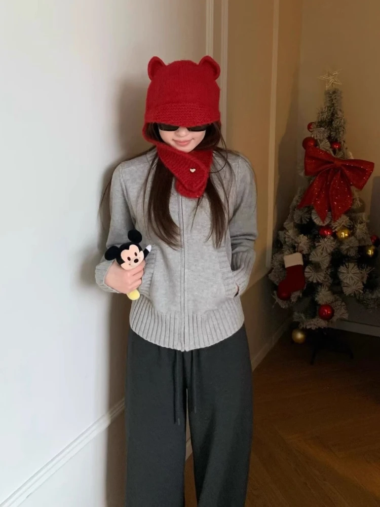 Koreanischen Stil Zipper Strickjacke Frauen Vintage Casual Langarm Pullover Harajuku Herbst Winter Schwarz Strickjacke