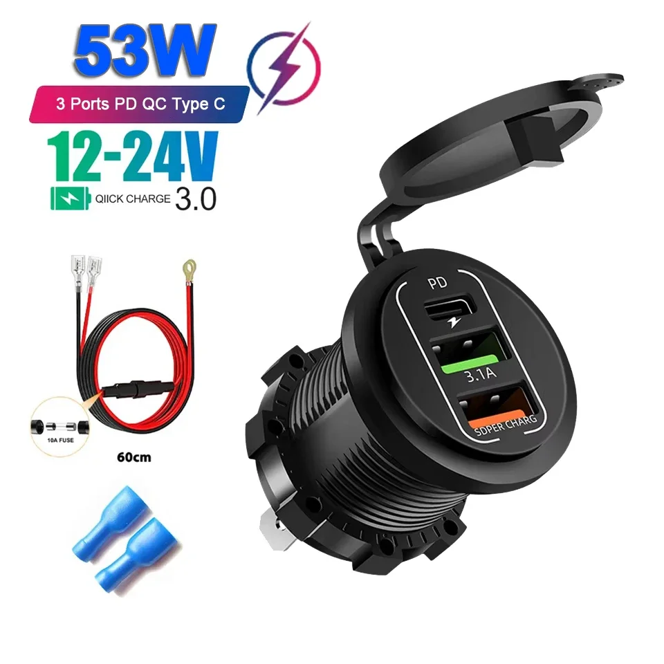 Multi-Port-Autoladegerät PD QC3.0 USB-Ladebuchse mit digitalem Voltmeter 12V/24V für Motorrad, Auto, Boot, Marine, LKW, Bus