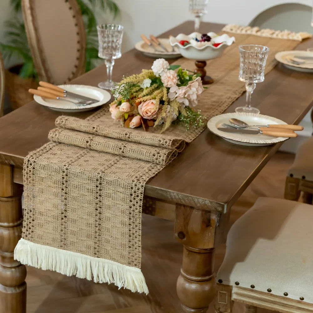 

Ramie Boho Table Runner Rustic Style Rectangular Table Cloth Braided with Tassel Dining Table Decoration Christmas