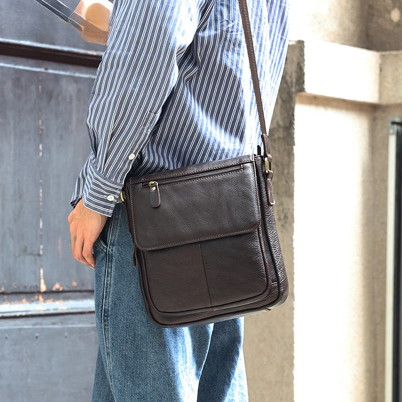 Retro flap-style crossbody bag for commuting, leather bag for men, genuine leather, high-end style, men's shoulder bag