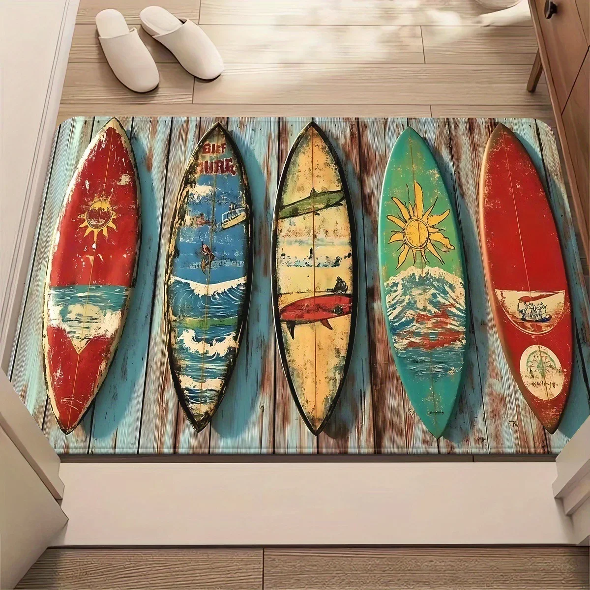 Retro Surfboard Half Round Rug Colorful Vintage Boards Palm Trees Summer Vibe Entrance Mat Beach House Decor