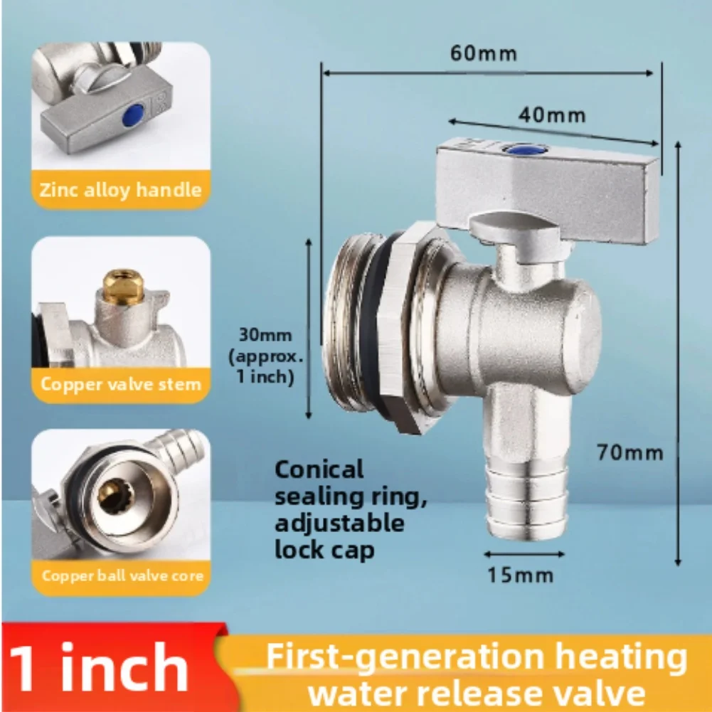 Large Flow Drain Valve Copper for Floor Heating Water Separator 1 Inch 34 Inch Compatible with Heating Systems