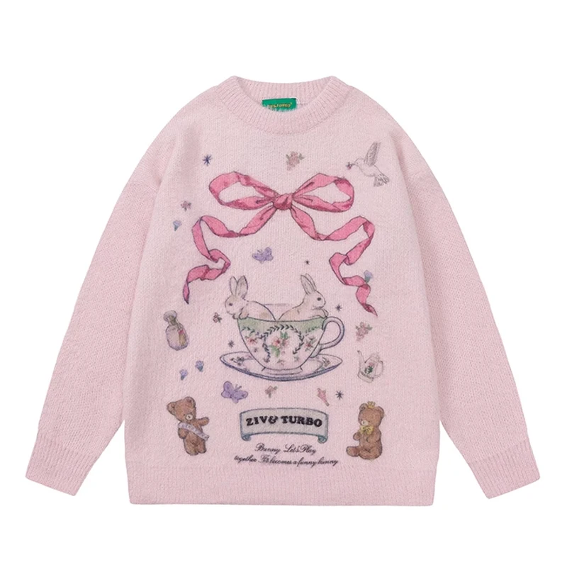 

Long Sleeve Pullover RoundNeck Soft Comfortable Cute Rabbit Jacquard Sweater Women Autumn Couple Knitwear Loose Apricot Pink Top