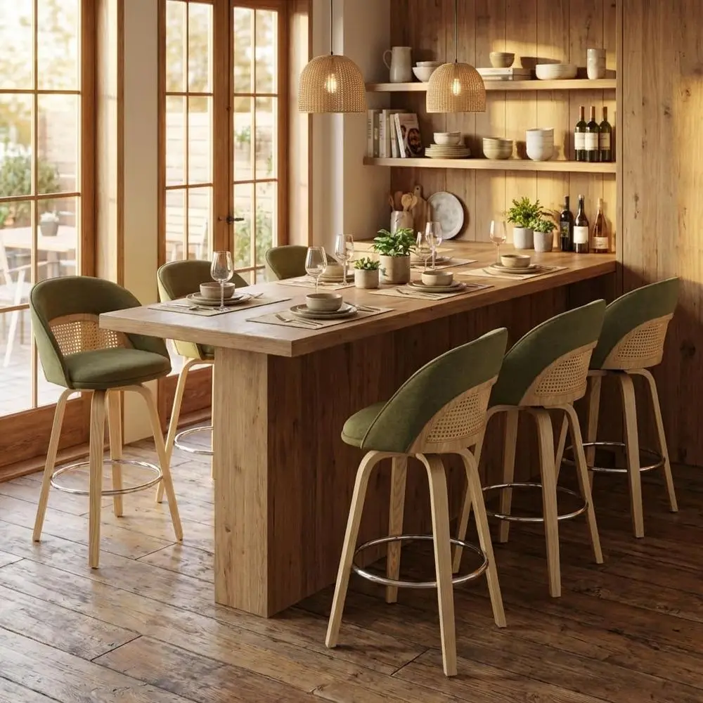 

Set of 6 Green Chenille Kitchen Island Stools with Curved Back and Wooden Legs for Counter Height Dining