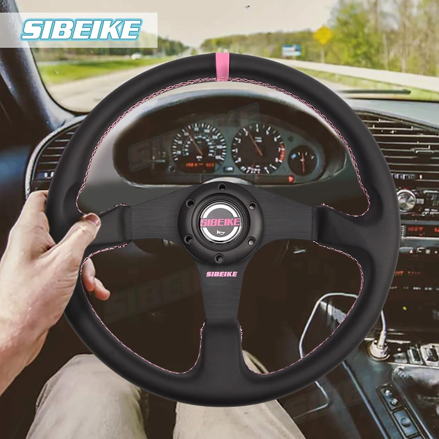 SIBEIKE JDM Racing 14inch Leather Flat Steering Wheel Classic Strong Spoke  Modification Drifting Sport Steering Wheel