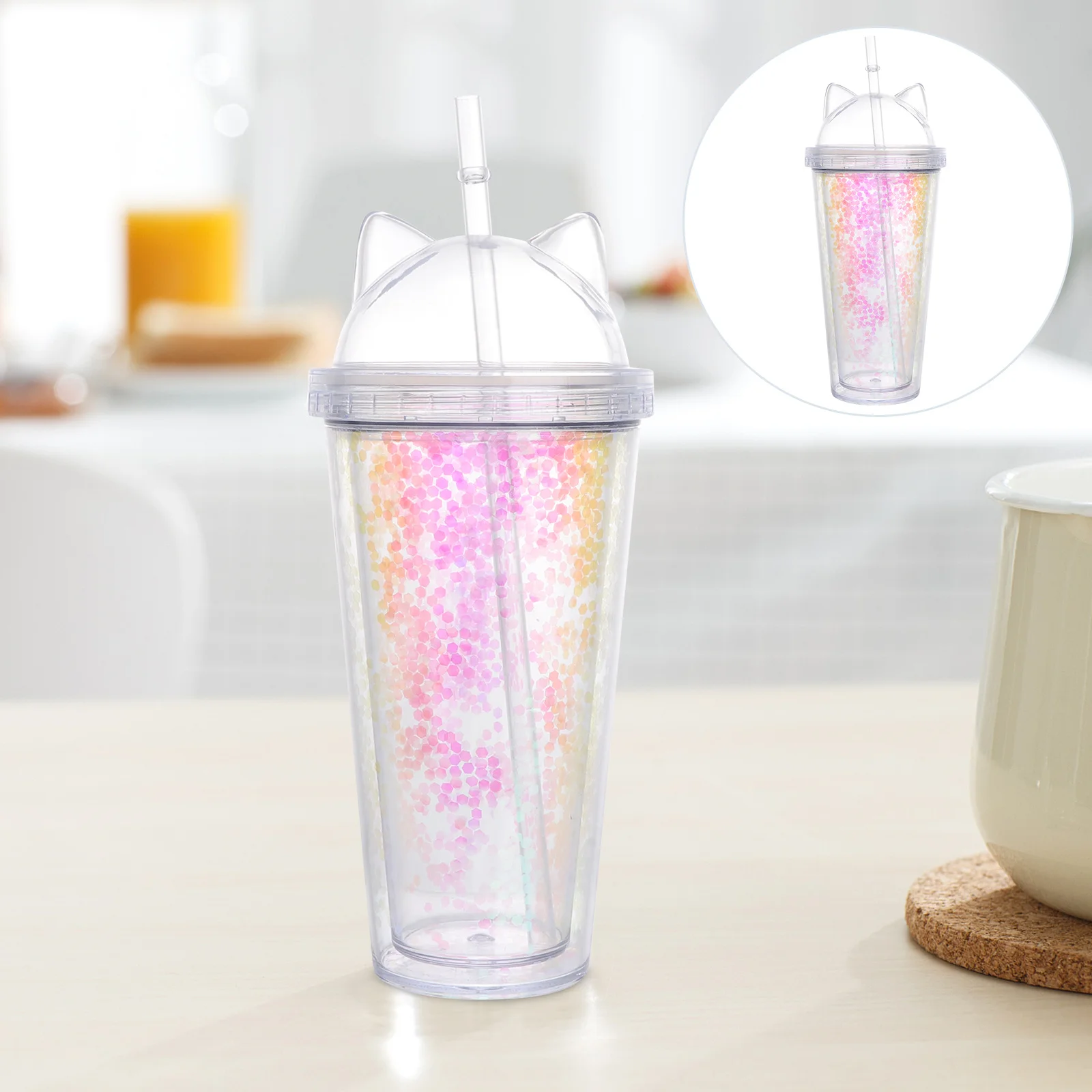 1Pcs Botol Minum Telinga Kucing Berlapis Ganda dengan Payet 420ml, Gelas Plastik Berdinding Ganda dengan Sedotan, Bergaya untuk Perjalanan, Kantor, dan Sekolah