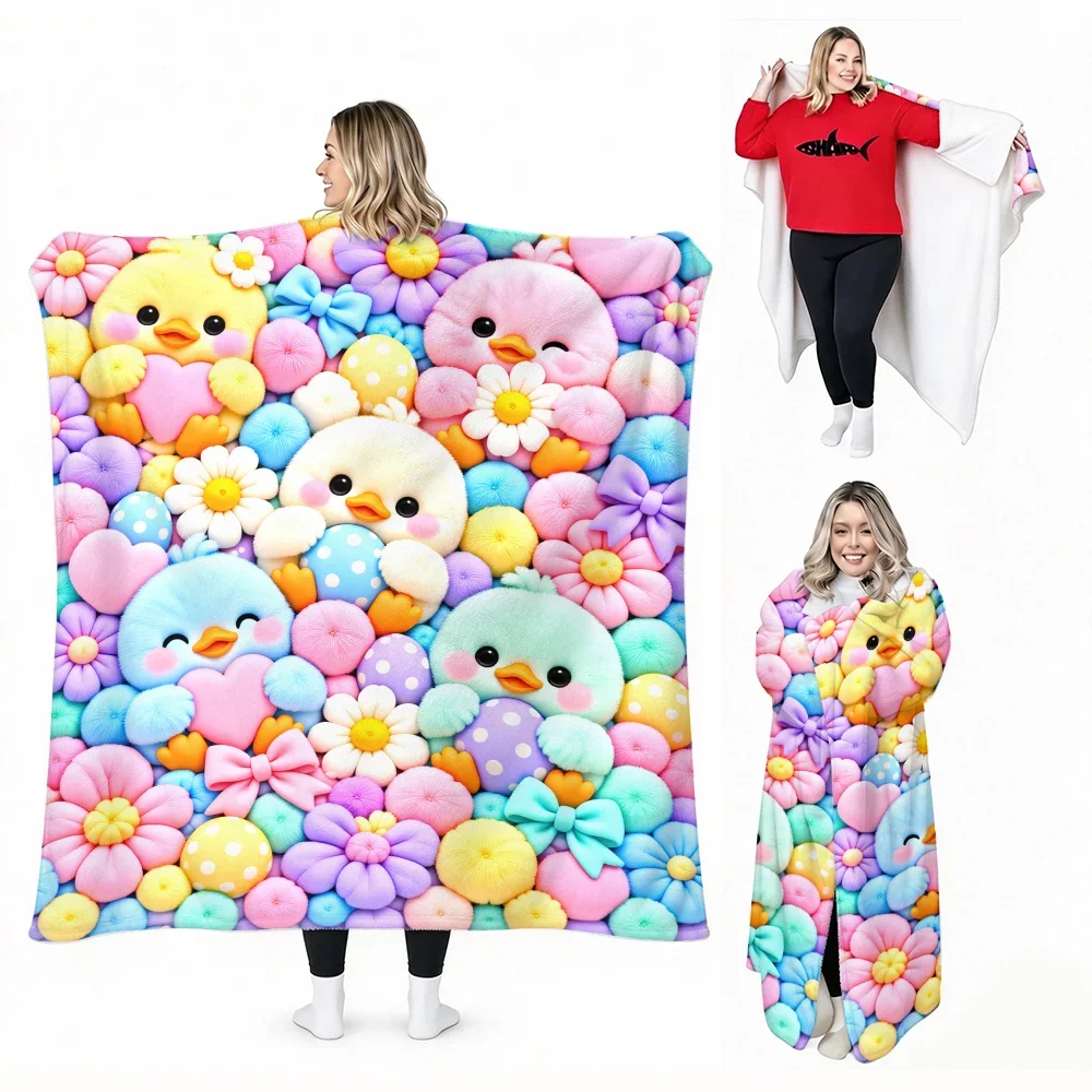 1pc Cartoon Chicks and Flowers Print Wearable Blanket-Soft and Comfortable. Perfect for cozy breaks, gifts, and everyday comfort