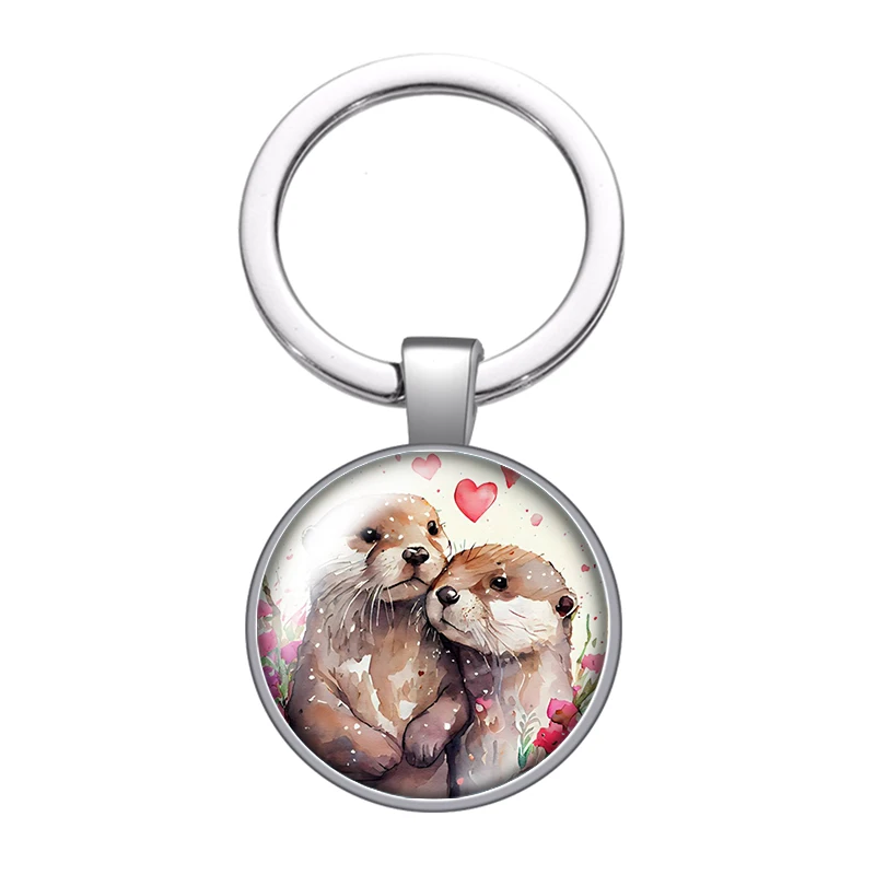 New Cute Cartoon Otter couples Animlas Photo glass cabochon keychain Bag Car key chain Ring Holder Charms keychains for Gifts