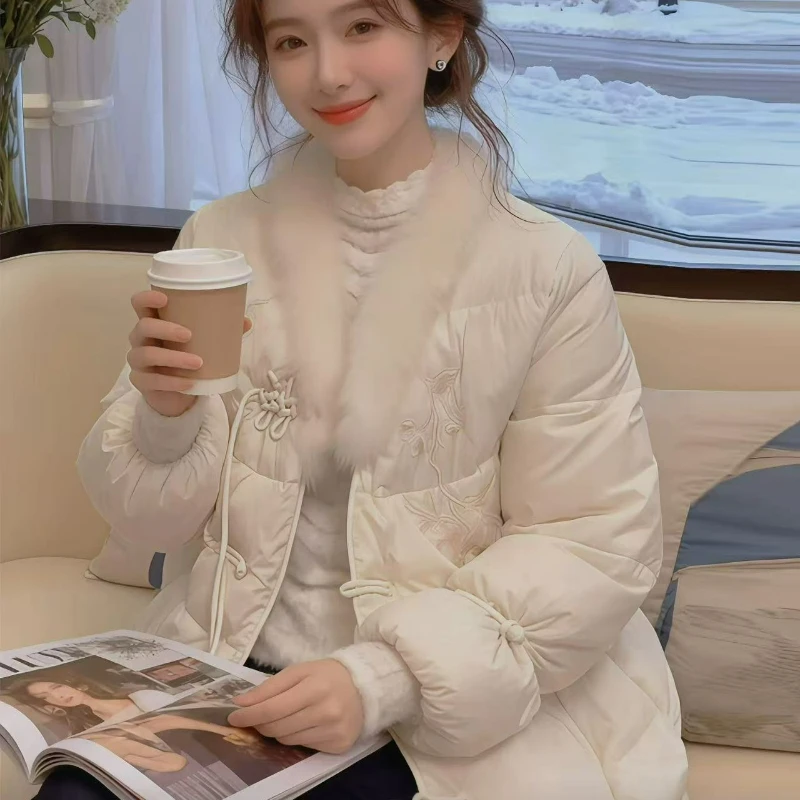 

Женская хлопковая стеганая куртка в китайском стиле, осень-зима 2026, однотонное свободное теплое пальто с хлопковой подкладкой и меховым воротником с вышивкой