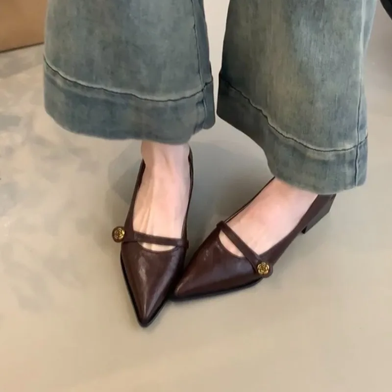 Women's High Heels Spring New Fashion Pointed Toe Metal Flower Decor Mary Jane Shoes Daily Simple Versatile Chunky Heel Shoes