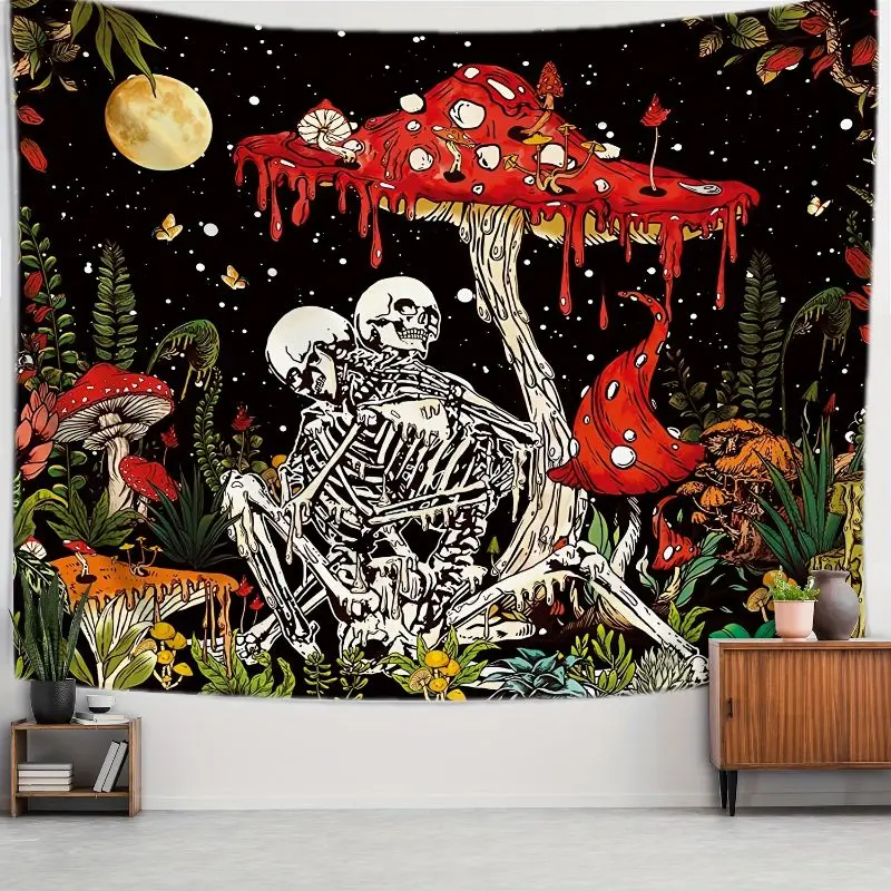 VIKAMA Psychedelic Mushroom Skeleton Tapestry, Gothic Couple Wall Hanging, Aesthetic Bedroom Dorm Room Decor