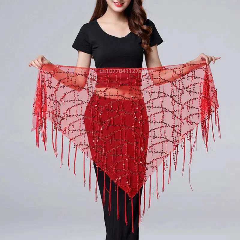 Traje de danza del vientre, bufanda triangular con borlas de lentejuelas, práctica de rendimiento, cadena de cintura, bufanda de cintura, cadena de cintura para danza del vientre para mujer