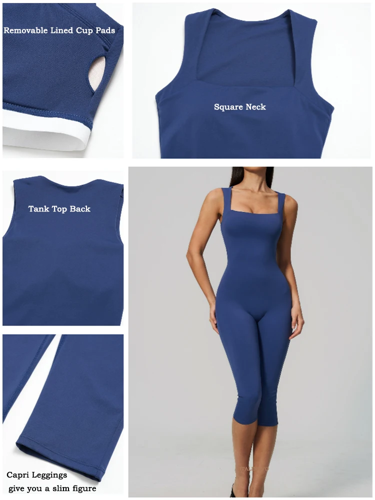VITALINOVO Damen Ärmelloser Yoga-Romper mit eckigem Ausschnitt, einteiliger nahtloser gepolsterter Tank-Top-Jumpsuit, Capri-Leggings, Workout-Romper – Detail 5