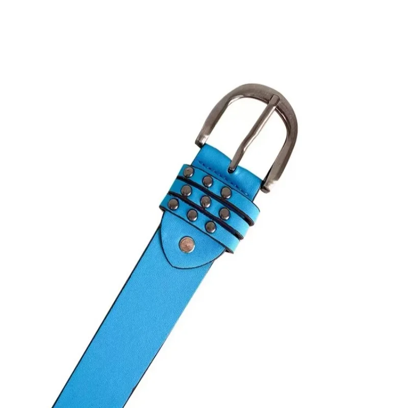 Heavy-industrial punk style rivet belt for women; blue fashionable design sense with skirt and pants; American Y2K belt.