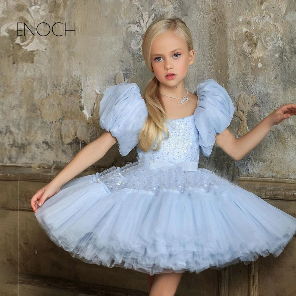 ENOCH Exquisite Flower Girl Dresses New Puff Short Sleeves Scoop Neck Knee Length Sequined Zipper Back Wedding Party Ball Gowns