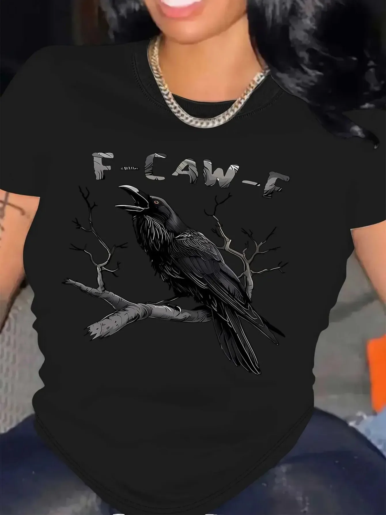 

Women's F-Caw-F Graphic Print 100% Cotton T-Shirt - Loose Fit Round Neck Short Sleeve Casual Top with Crow & Branch Design, Brea