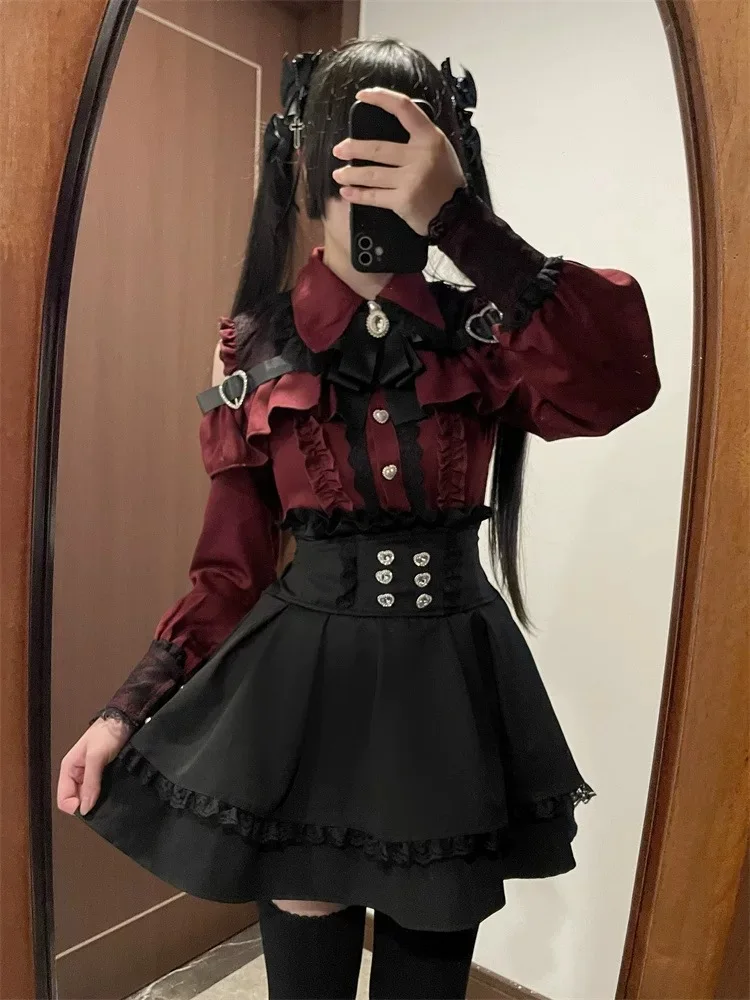 Japanese Subculture Cute Blouse Y2K High-Waisted Skirt Set Sweet Girl Academy Style Jirai Kei Mass-Produced Women's Outfit