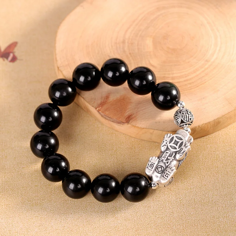 

NEW 999 Foot Silver Obsidian Feng Shui Pixiu Bracelet Men's Retro Natural Stone 3D Silver Bracelet