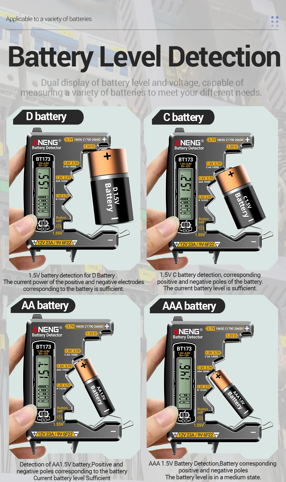 ANENG SZ305 Digital Multimeter AC / DC Spannungs-Ammeter-Kondensator hFE Triode NCV Spannungsinduktionsdetektor + BT173 Universal Digital Display Batterie-Tester Professioneller Elektriker-Werkzeuge-Kit – Detail 31