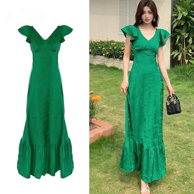 French Vintage New Summer Green Satin Long Mermaid Dress Elegant Women V Neck Ruffles Sleeve Jacquard High Waist Prom Party Robe