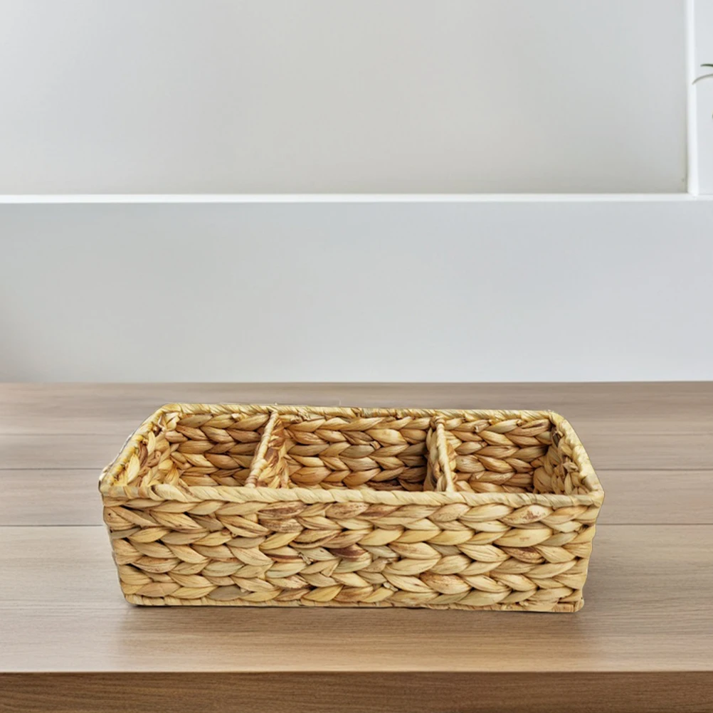 

Woven Storage Basket Baskets Cutlery Car Compartment for Closet Straw Desktop Organizer 3-section Divided