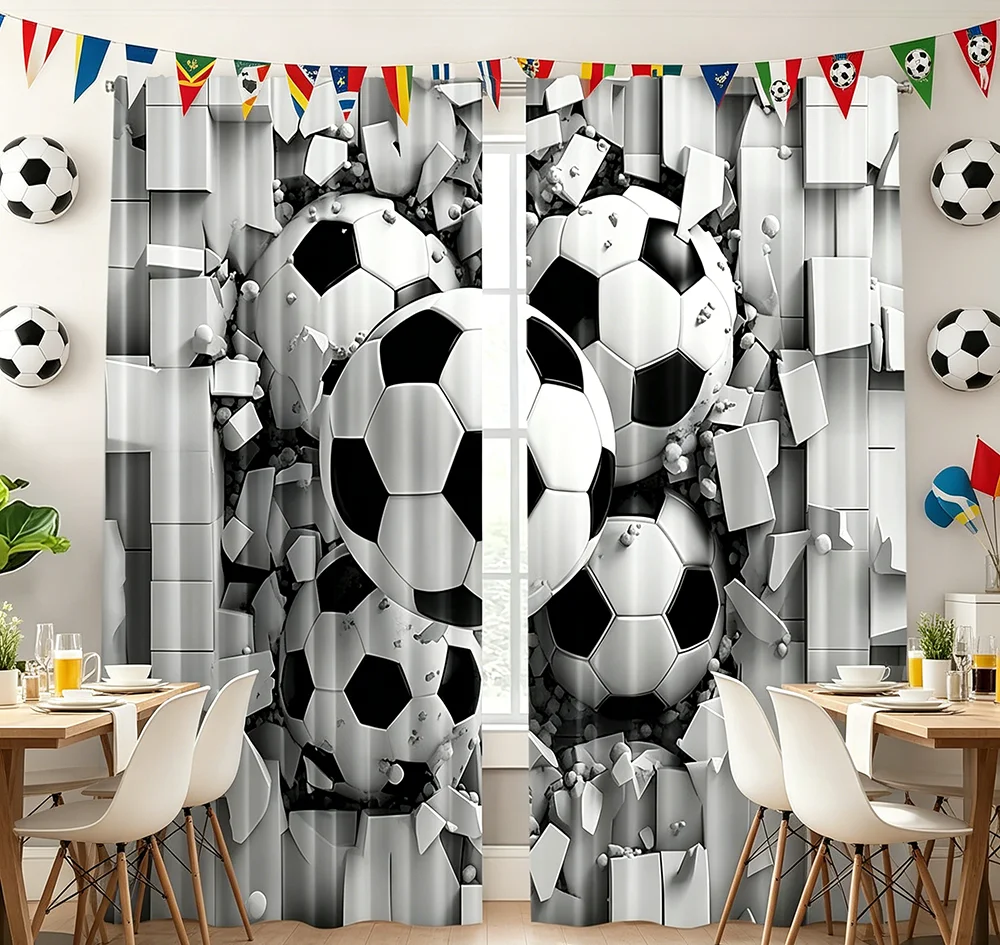 2PCS Digital Printed Curtains, Exploding Soccer Ball Sports Athletic, Rod Pocket Window Drapes for Living Room Bedroom Decor