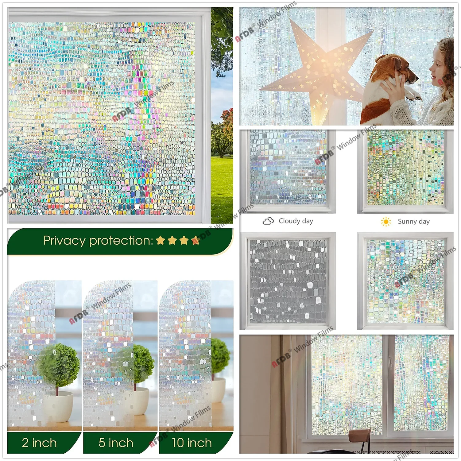 3D Mosaic Rainbow Window Film Privacy UV Protection Static Cling Adhesive Window Stickers for Home Removable Heat Insulation