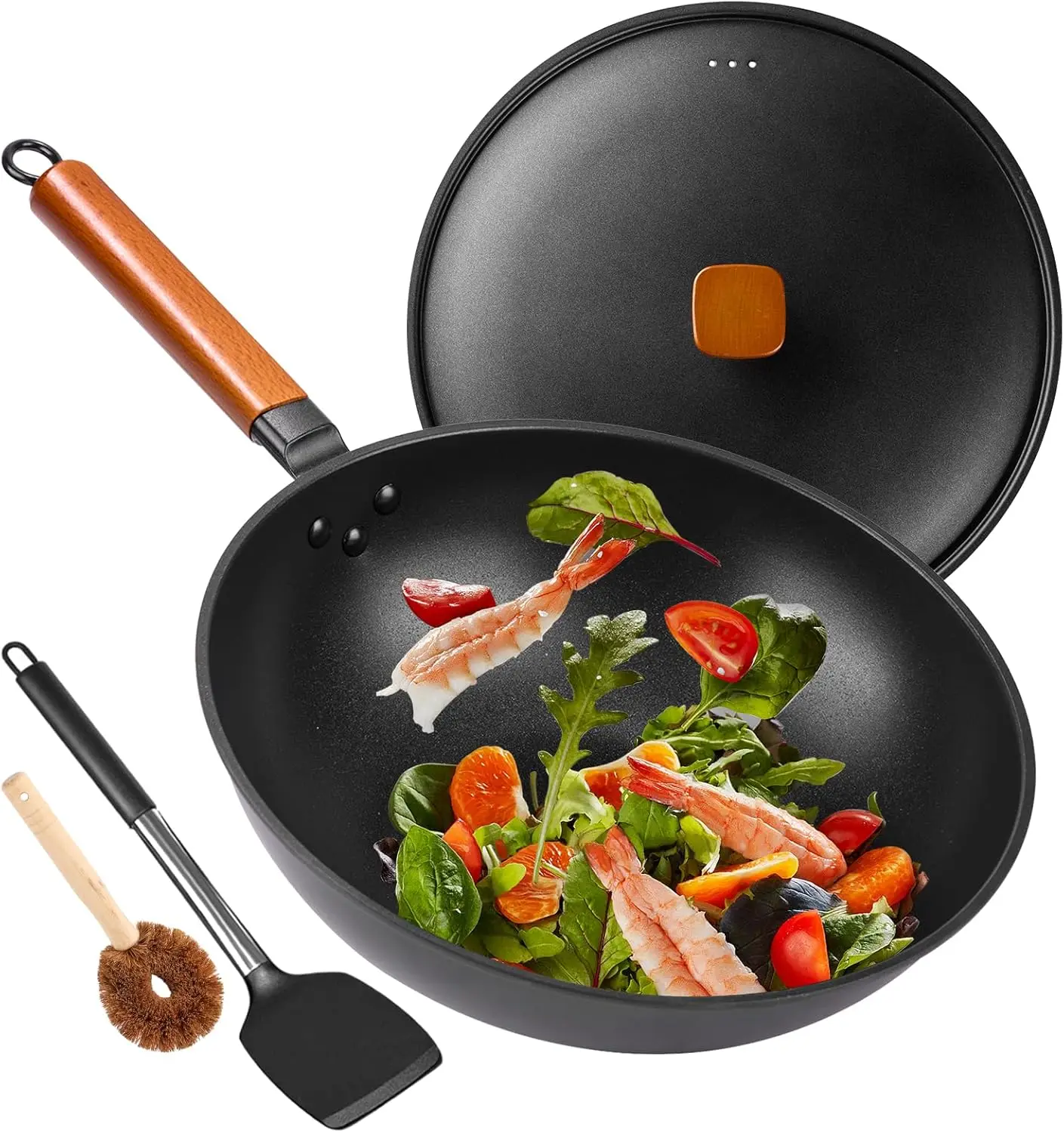 

13" Carbon Steel Wok Pan with Lid and Spatula, Nonstick Flat Bottom for All Stoves