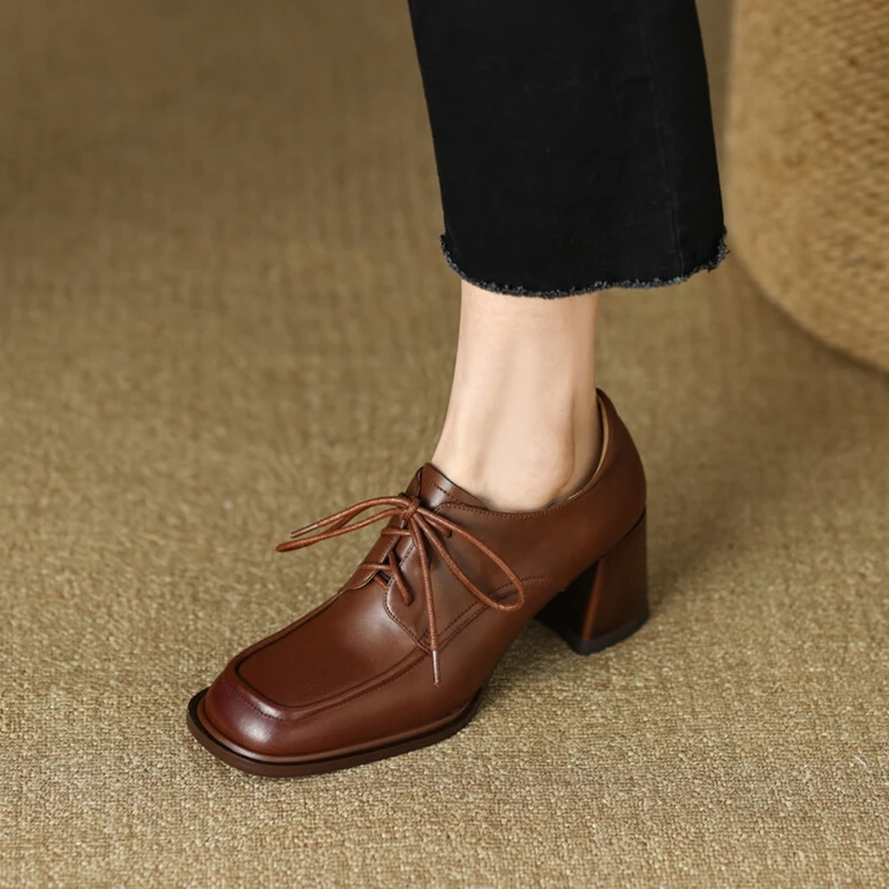 2023 Spring Women Loafers Split Leather Pumps Women Round Toe Square Heel Women Shoes Casual High Heel Shoes Women Lace-up Shoes