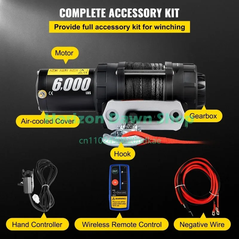 6000lb Electric Winch Synthetic Rope Truck Winch with Wireless Remote Control for ATV UTV Off Road